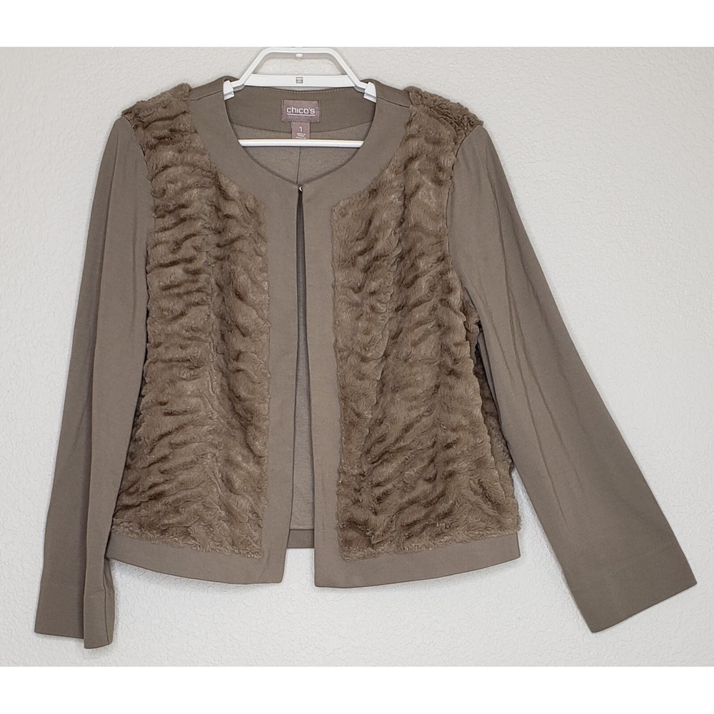 Chico's Cardigan Jacket Sz 1 Tan Faux Fur Outer One Clasp Open Front Long Sleeve
